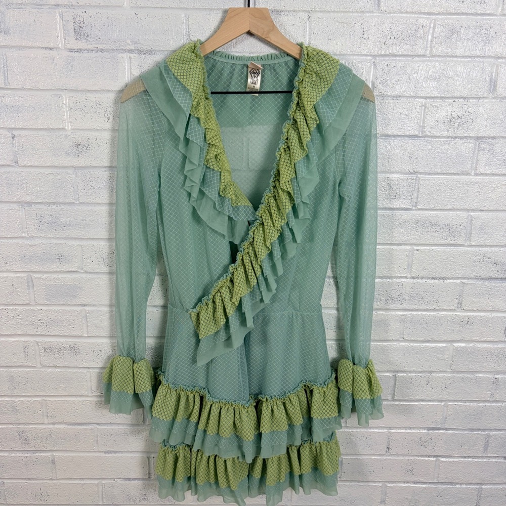 Hot As Hell HAH Ruffle Mini Dress Womens M Green Sheer Mesh Tiered Bell Sleeve